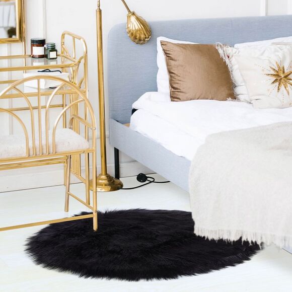 Faux Fur Round Rug Fluffy Area Rugs for Bedroom 3 x 3 Feet Black - Picture 2 of 6